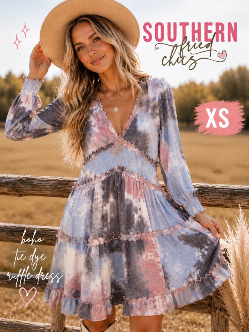 Southern Fried Chics Tie Dye Ruffle Dress‎ XS Boho Cottagecore